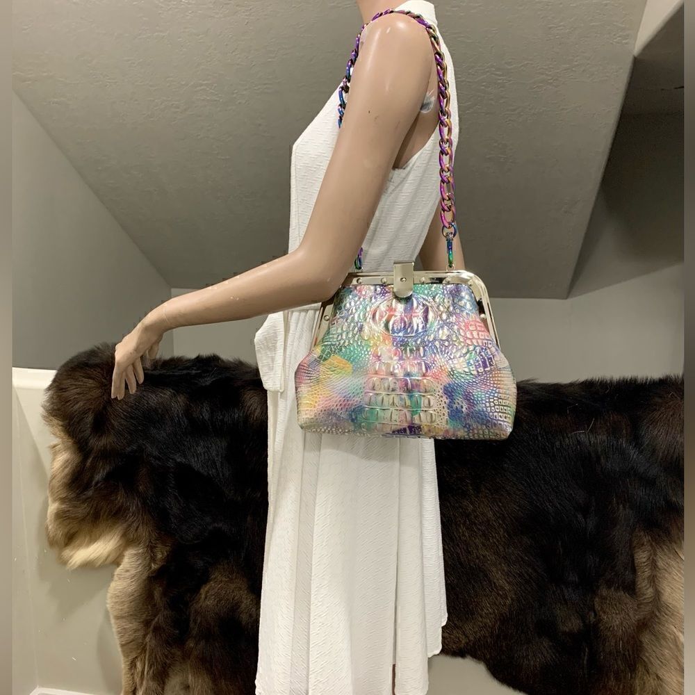 Iridescent Croc-Embossed Handmade Cowhide Leather Unique Rivets Frame Handbag